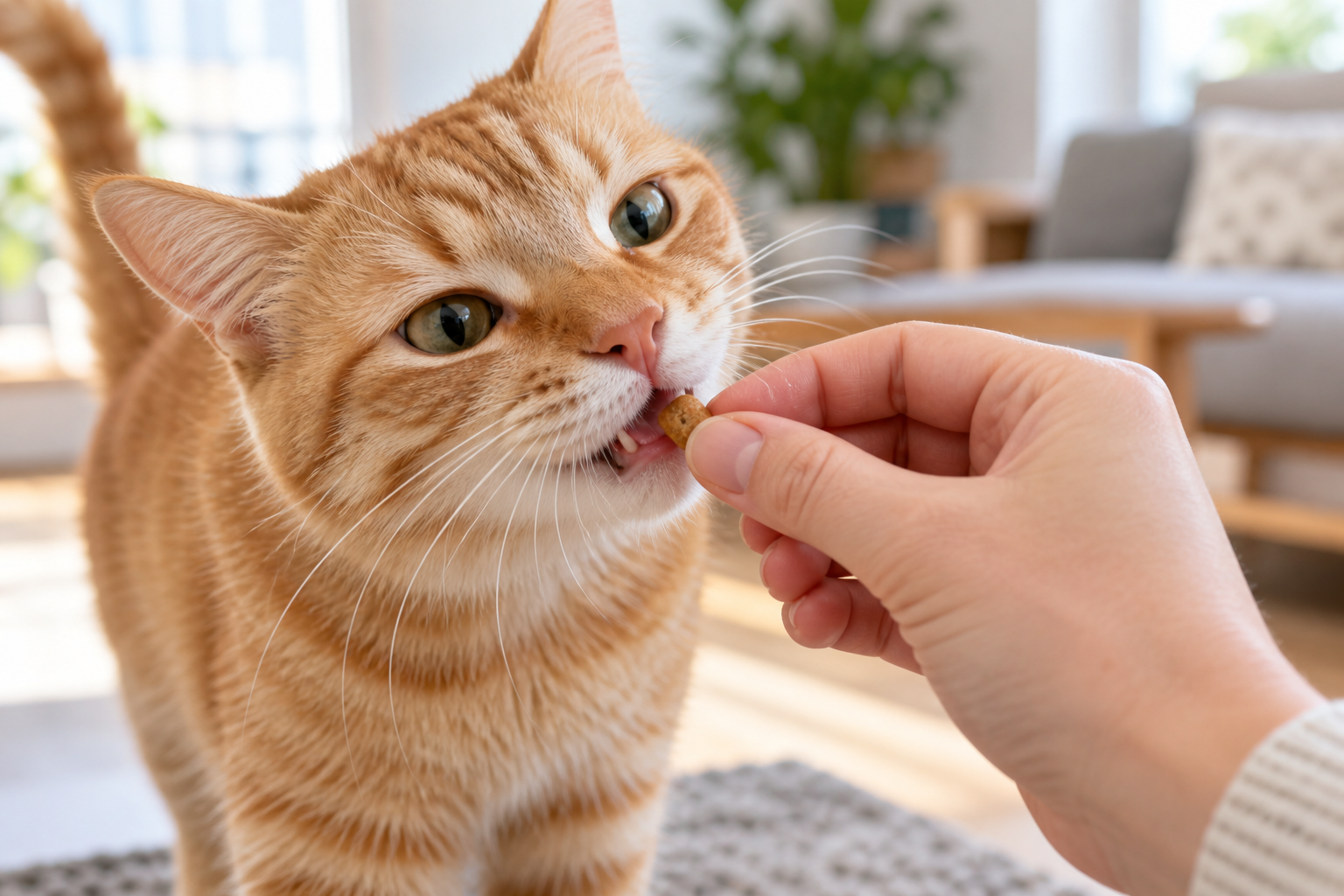 橘猫正在接受细心喂食